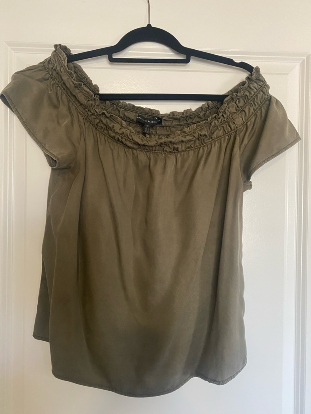 White House Black Market Olive Off-Shoulder Ruffle Top